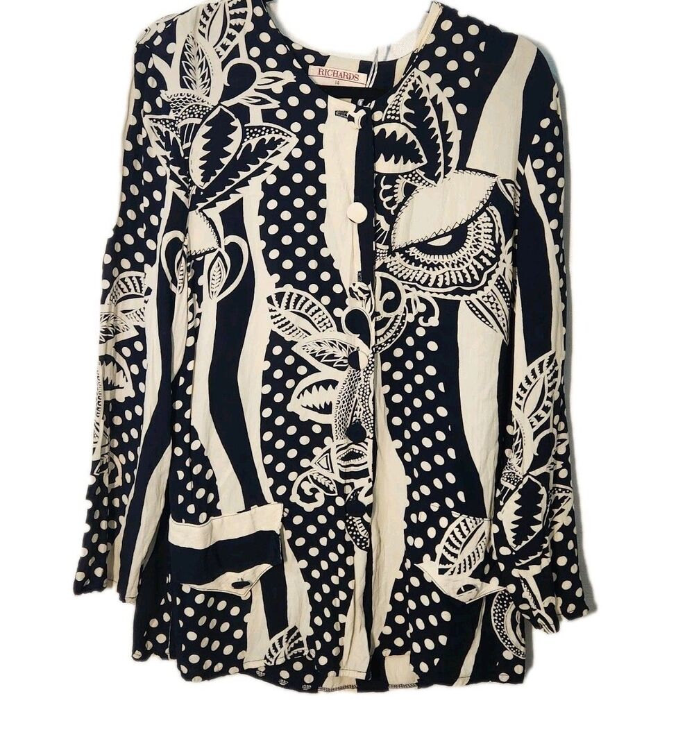 Richards Vtg Made UK Navy Cream Art Wearable Art Lagenlook Button Blouse SZ 14